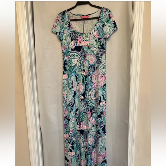 Lilly Pulitzer Looking Sharp Wynne Maxi Dress Animal & Cactus Print Pink Blue Xs - Picture 2 of 5